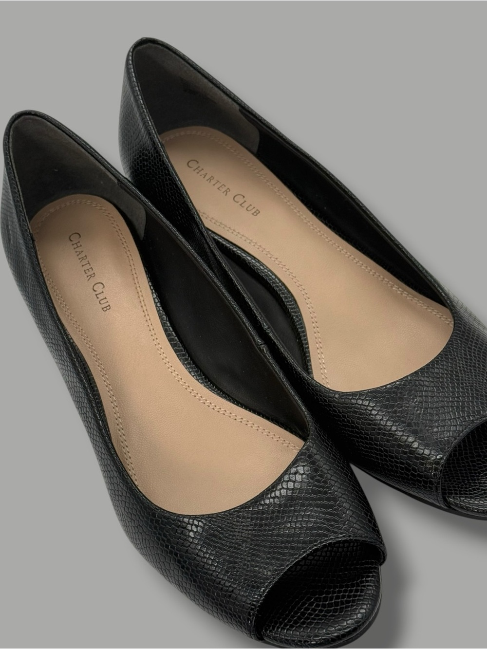 Charter Club Black faux leather snakeskin texture Peep-Toe Heels - Picture 4 of 8